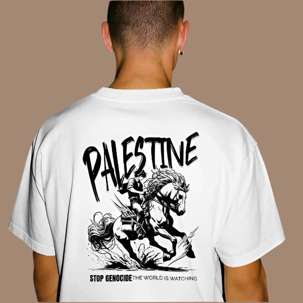 Free Palestine tee in white-  with black horse graphic design