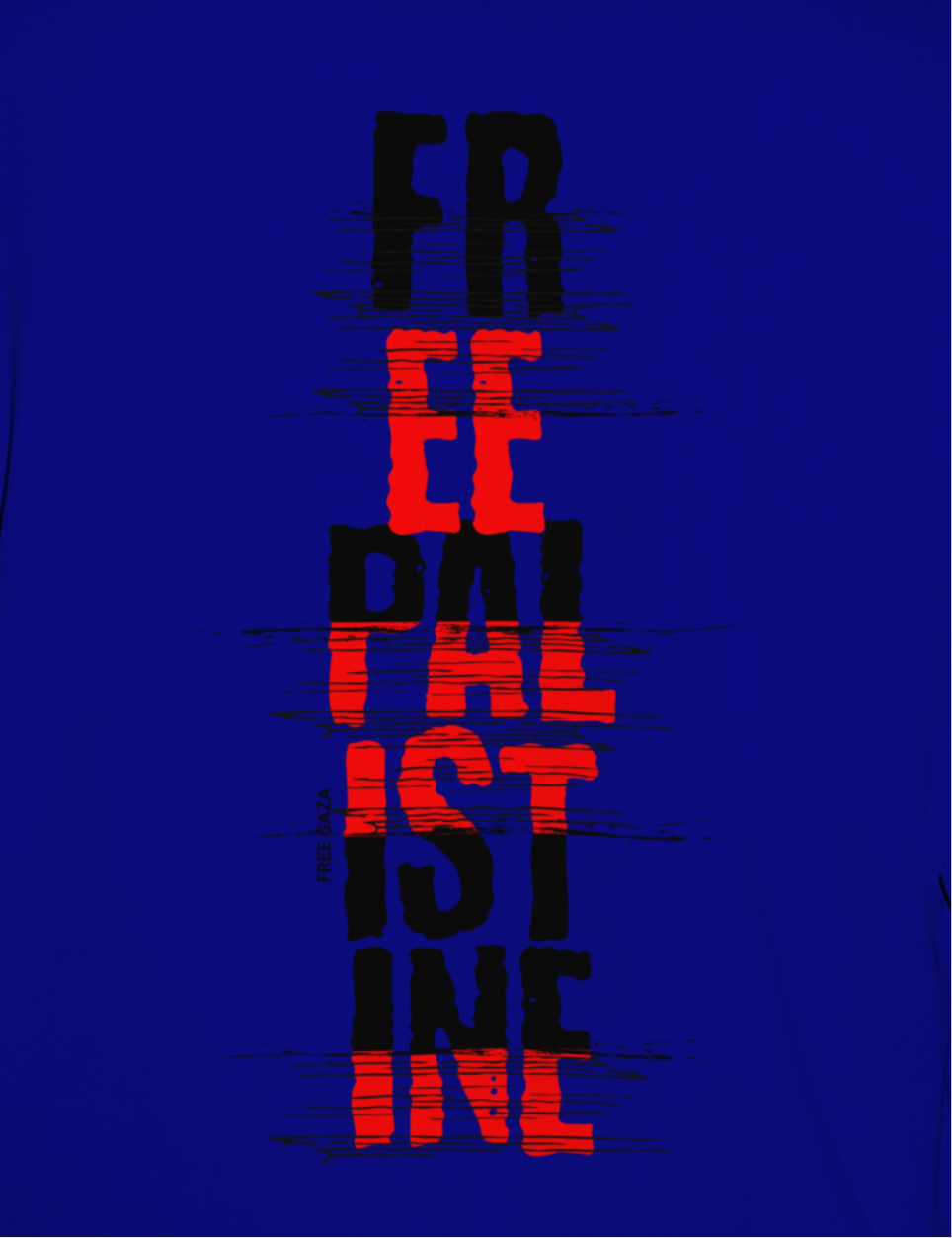 Free Palestine- vertical statement tee in royal blue, with black and red design
