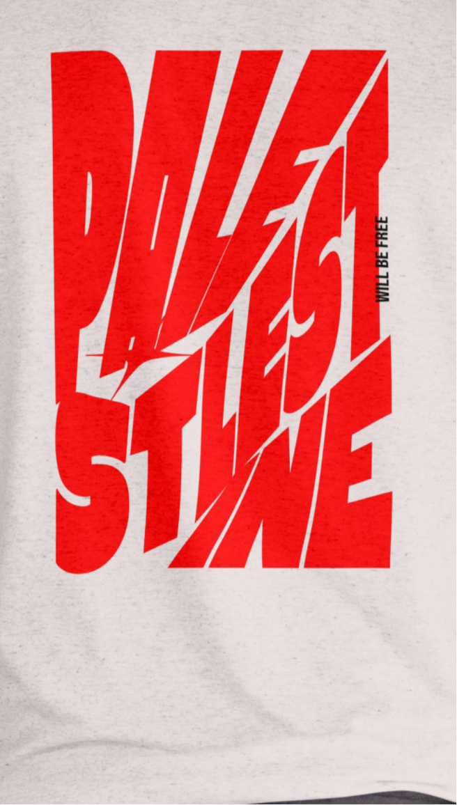 Palestine tee in sport grey with red bold text