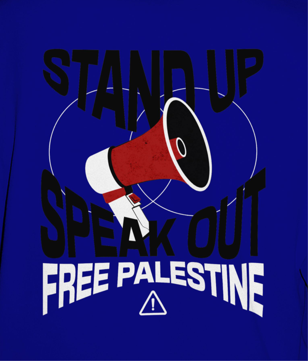 Free Palestine- speak out- statement tee in royal blue with black and white text