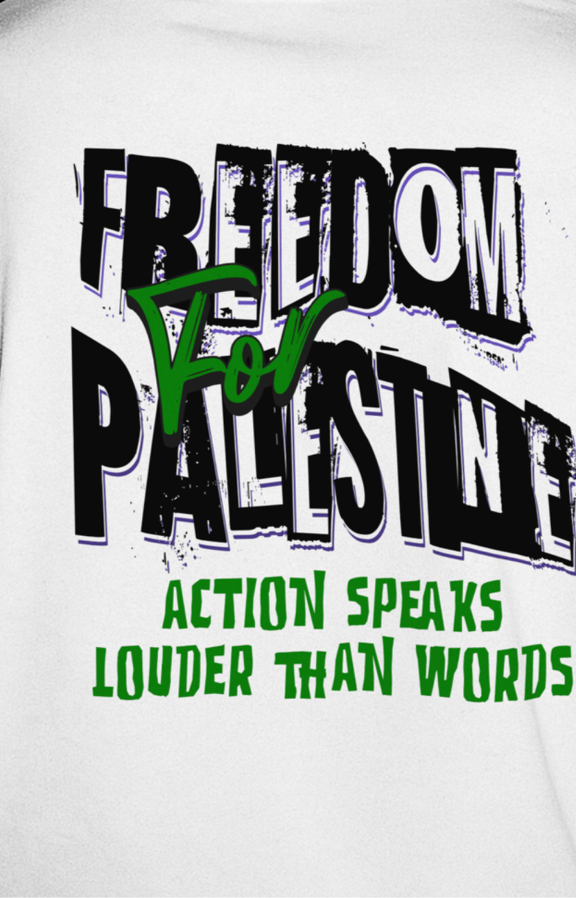 Freedom for Palestine tee in white with black and green text