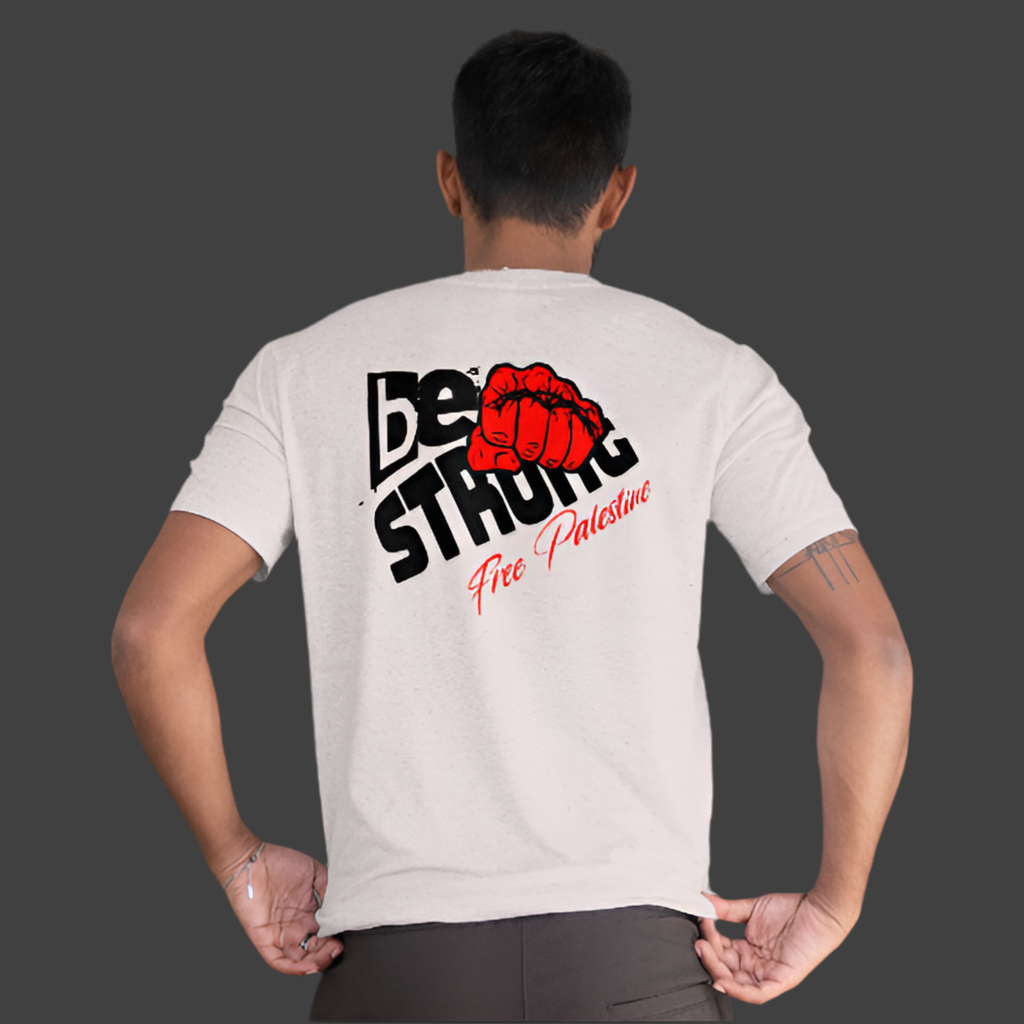 Free Palestine tee shirt in grey - with be strong graphic design