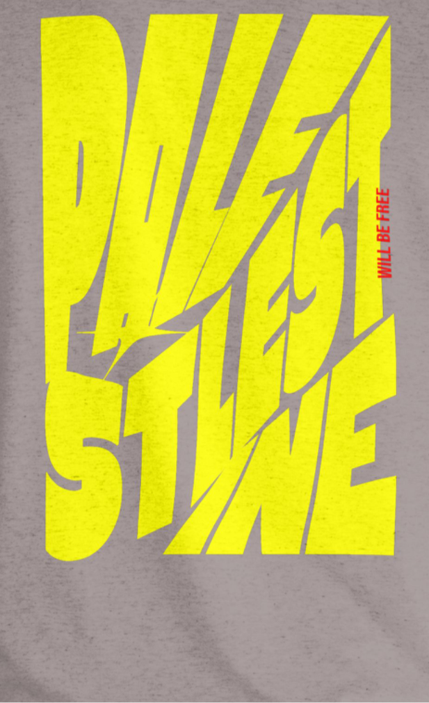 Palestine tee in graphite heather with yellow bold text