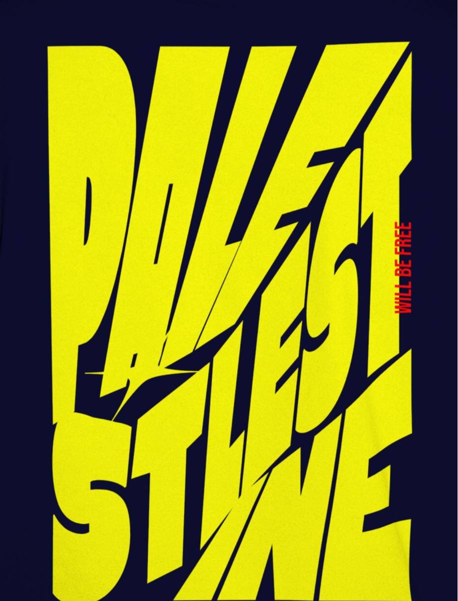Palestine tee in navy with yellow bold text