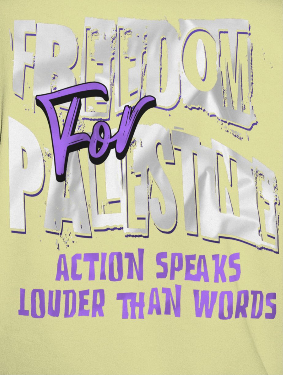 Freedom for Palestine tee in off white with white and purple text