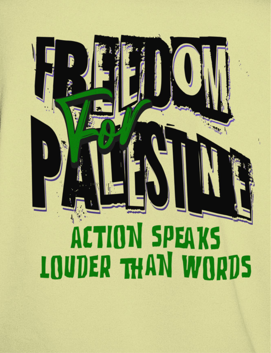 Freedom for Palestine tee in off white with black and green text