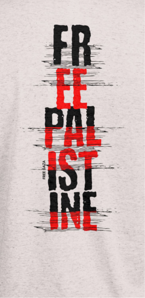 Free Palestine- vertical statement tee in grey, with black and red design
