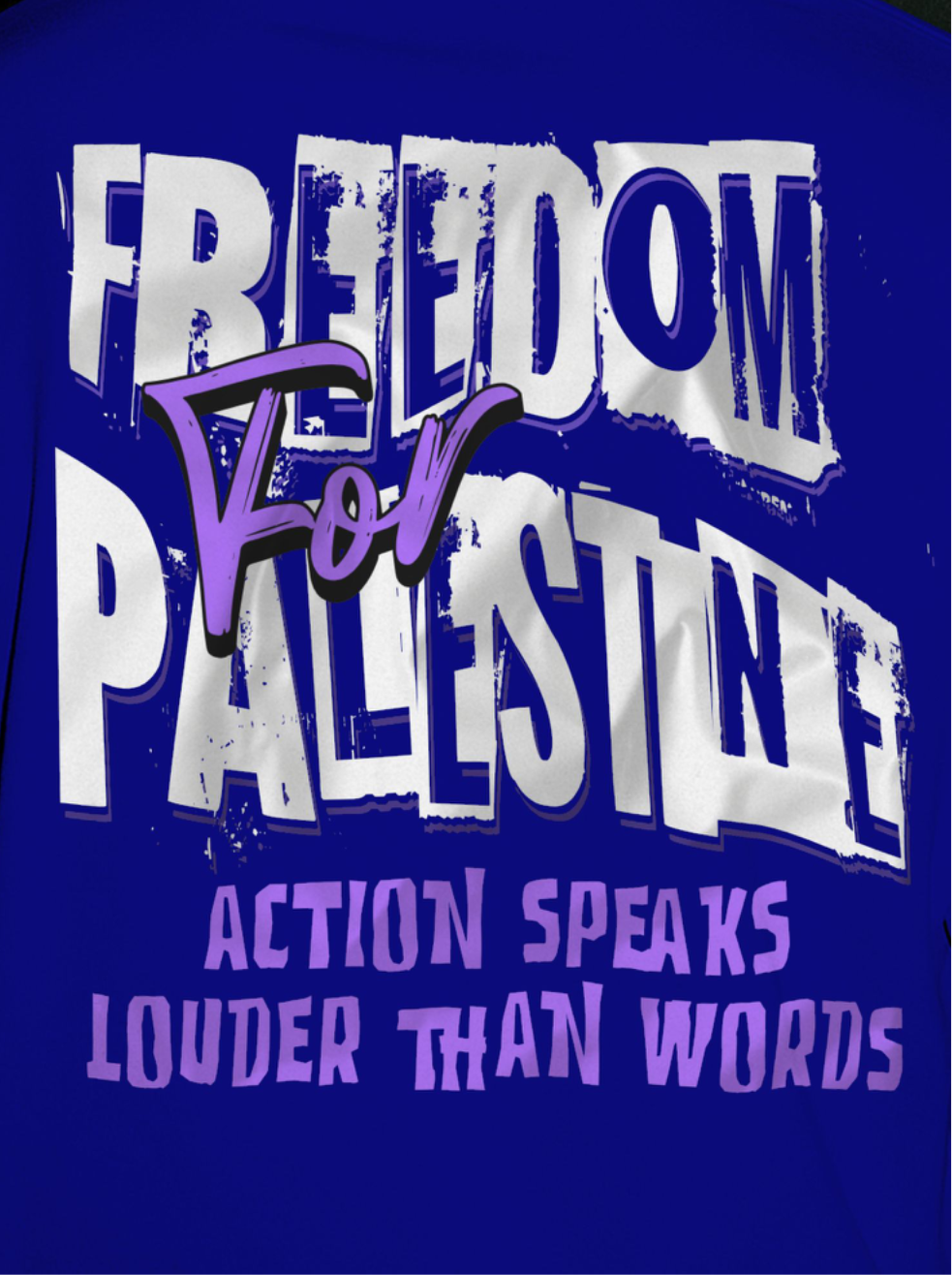Freedom for Palestine tee in royal blue with white and purple text