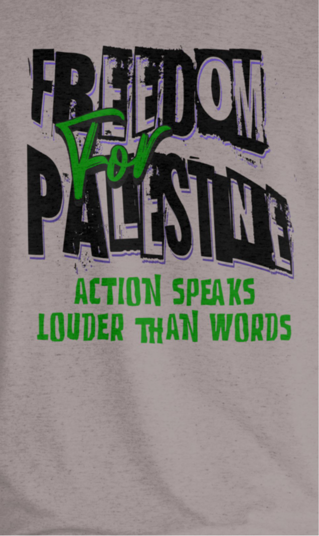 Freedom for Palestine tee in graphite heather with black and green text