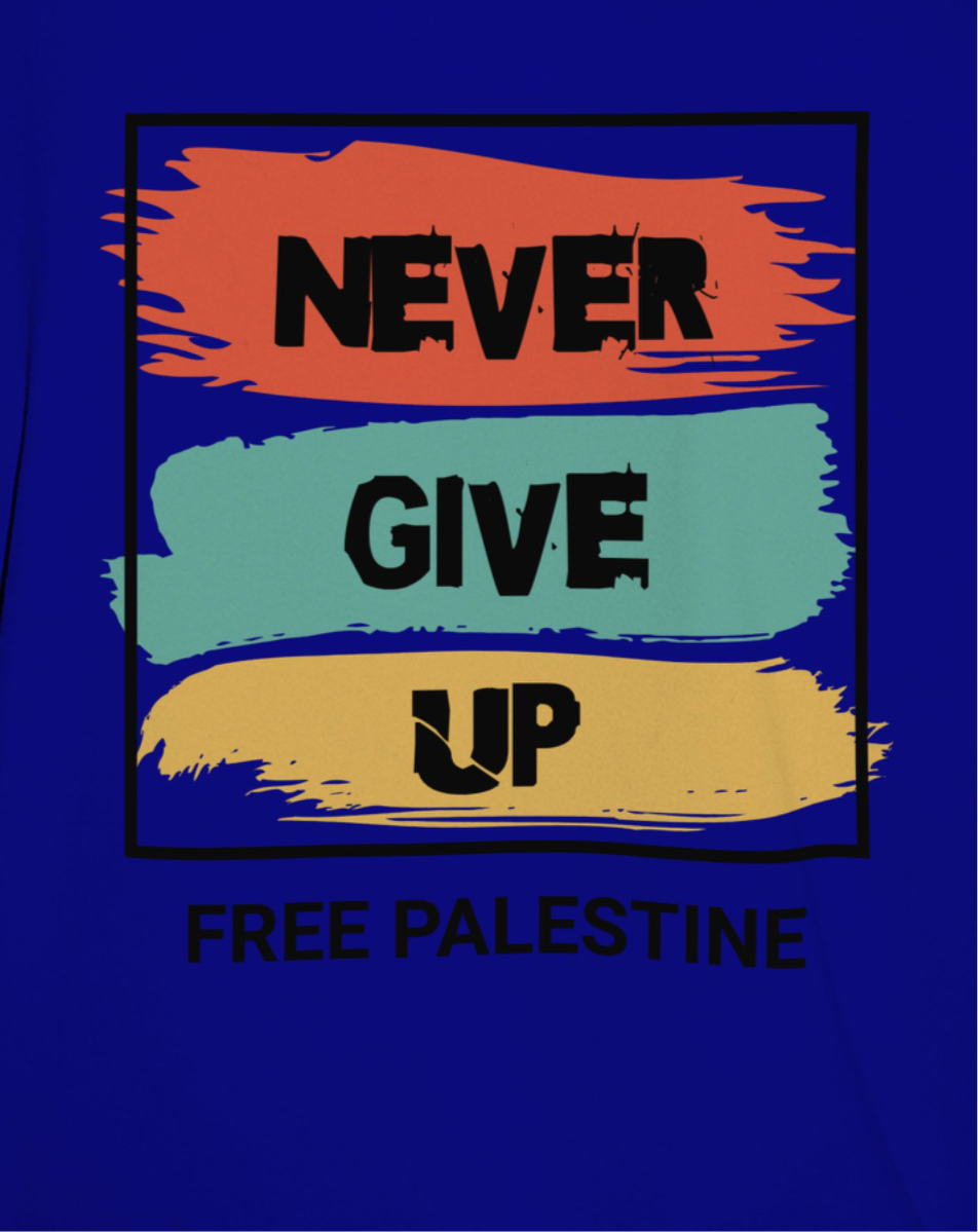 Free Palestine- Never give up tee in royal blue