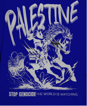 Free Palestine tee in royal blue- with silver horse graphic design