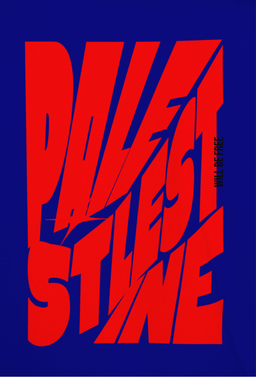 Palestine tee in royal blue with red bold text