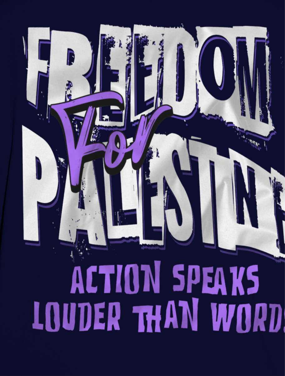 Freedom for Palestine tee in navy with white and purple text