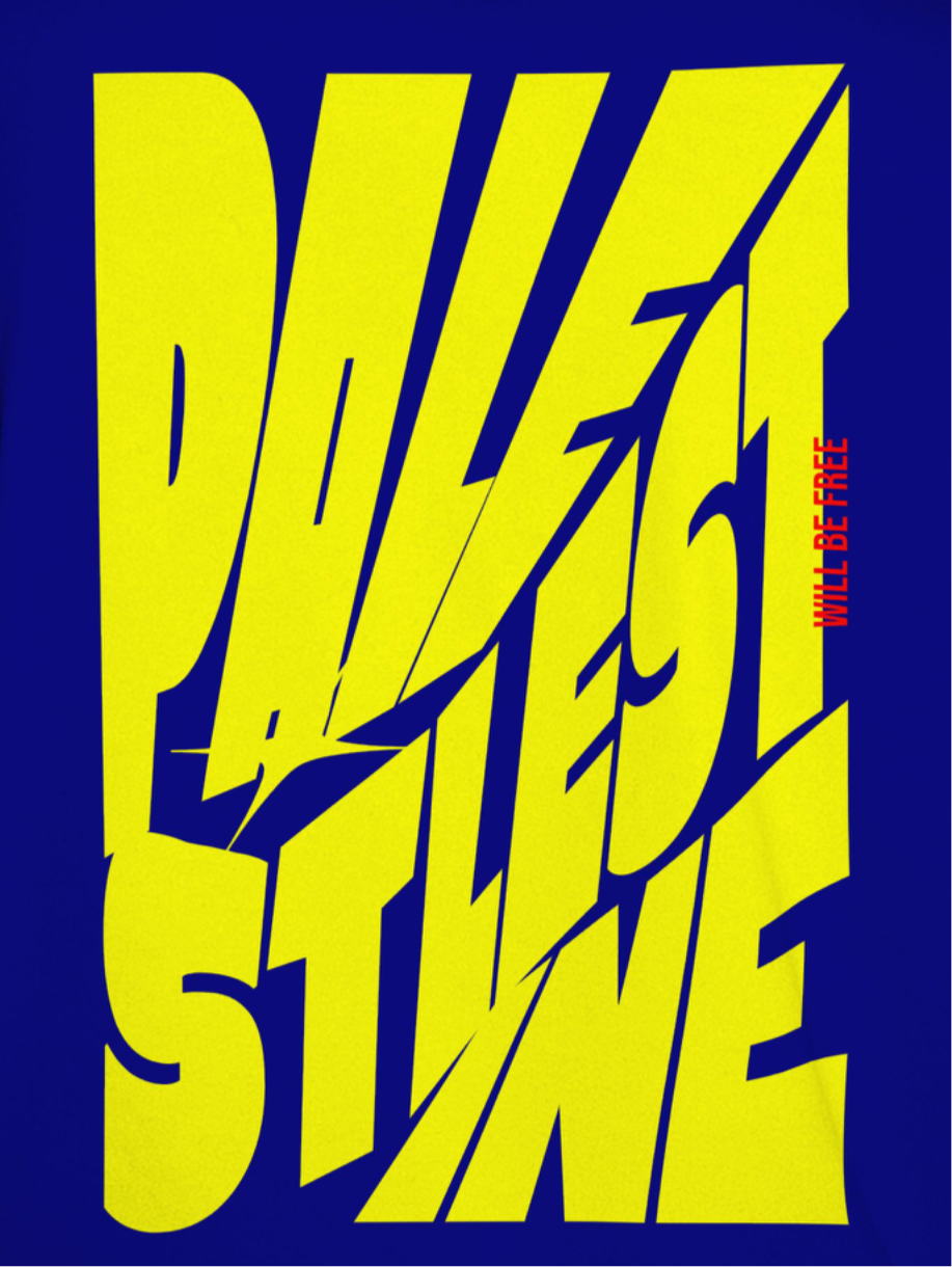 Palestine tee in royal blue with yellow bold text