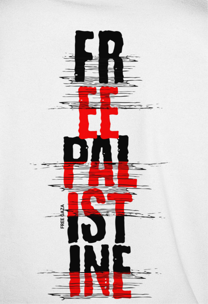Free Palestine Vertical statement Tee in white, with black and red design