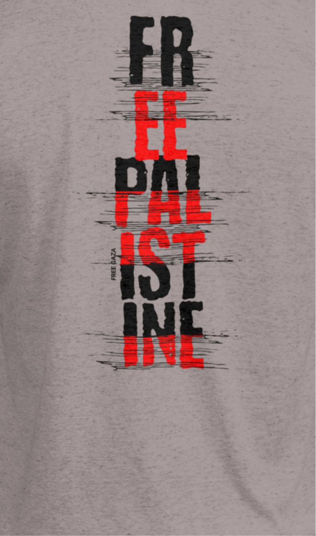 Free Palestine- vertical statement tee in heather grey with black and red design