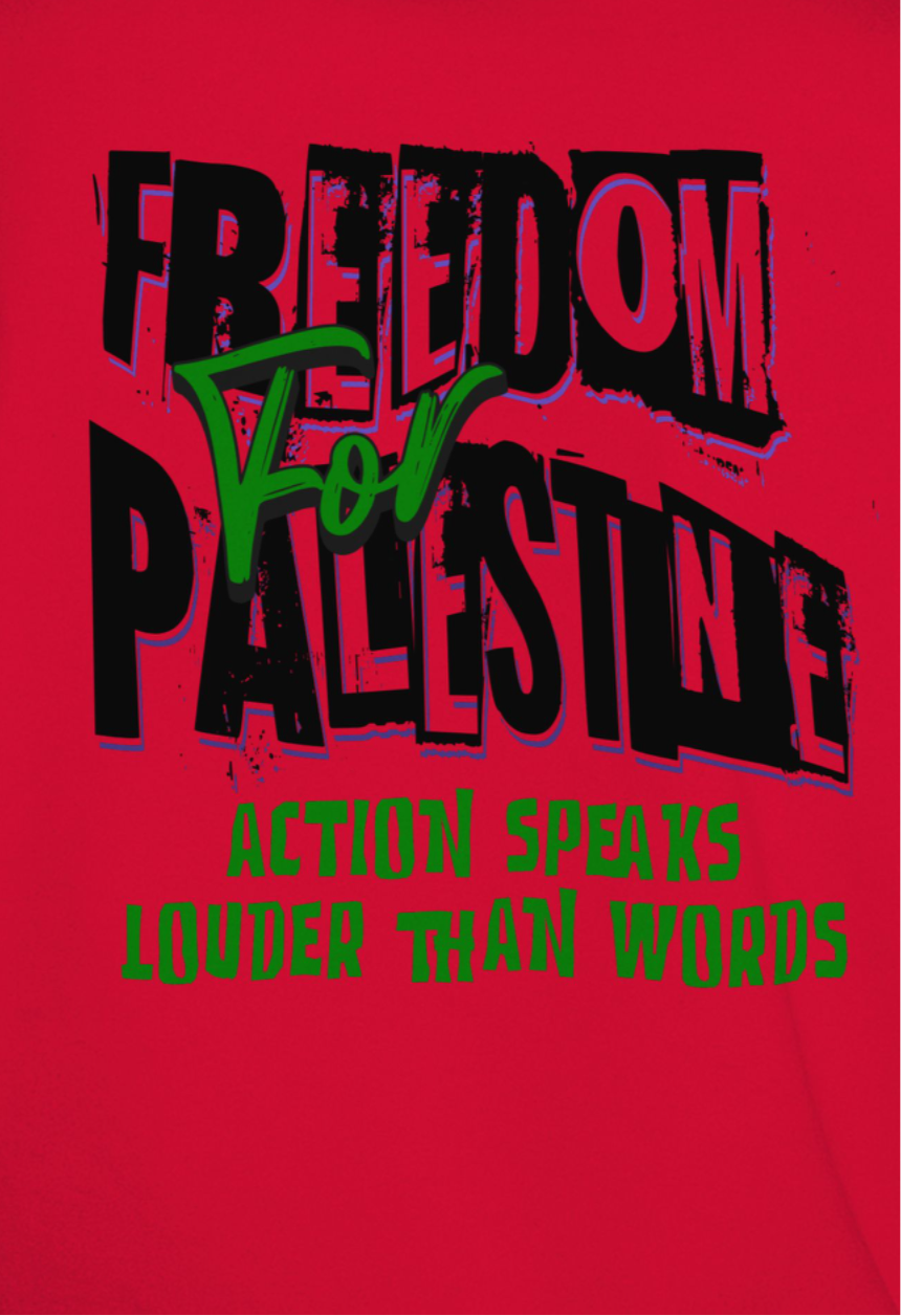 Freedom from Palestine tee in red with green and black text