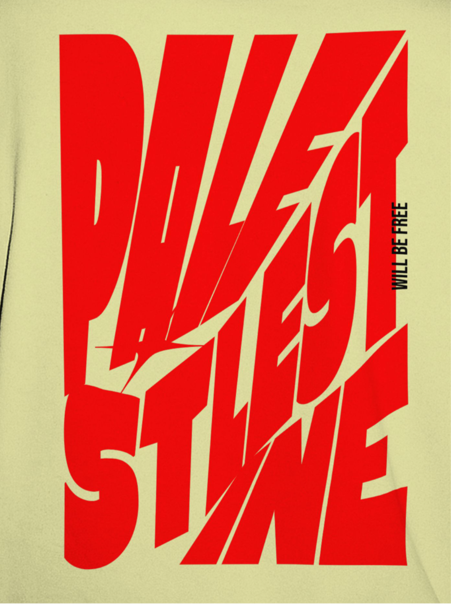 Palestine tee in off white with red bold text