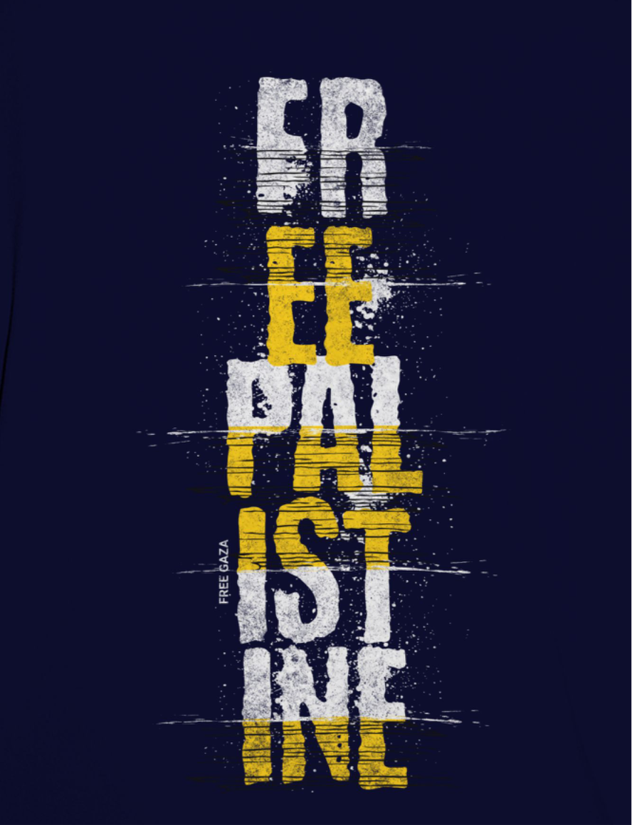 Free Palestine - Vertical statement tee in navy with white and yellow design
