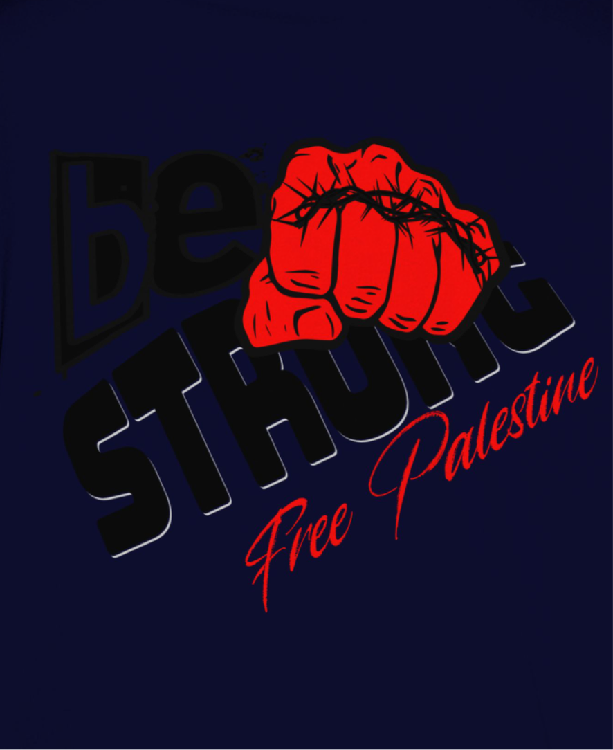 Free Palestine tee shirt in navy with black and red graphic design