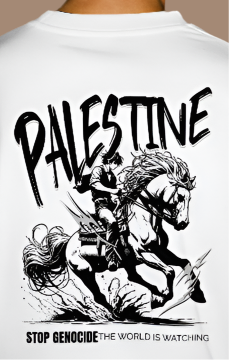 Free Palestine tee in white-  with black horse graphic design