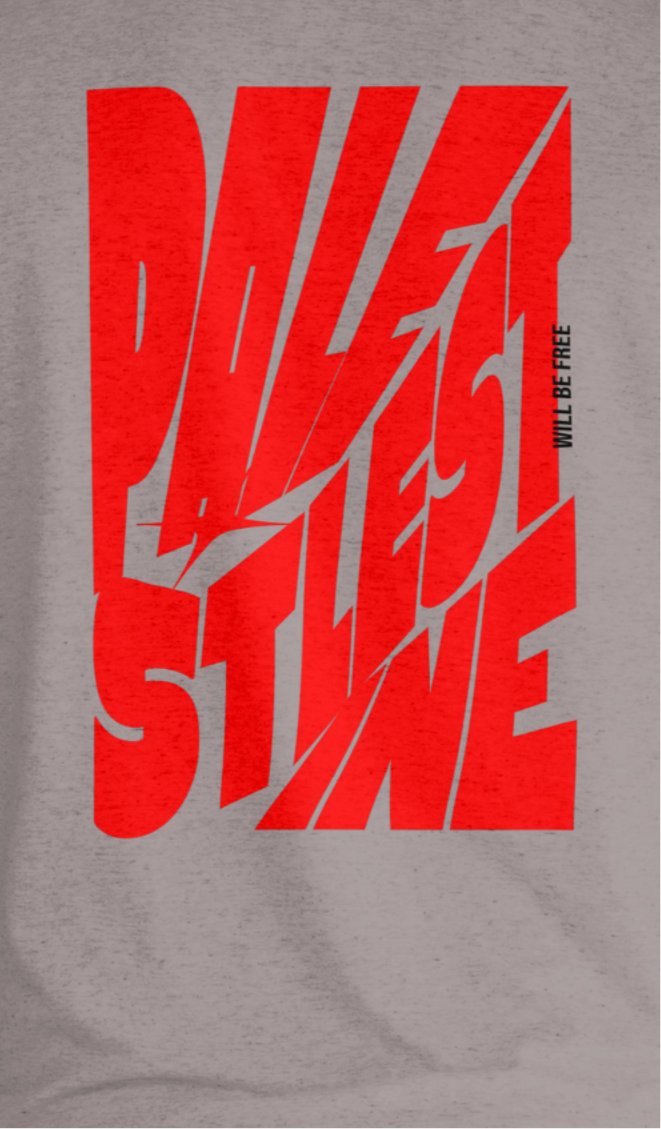 Palestine tee in graphite heather with red bold text