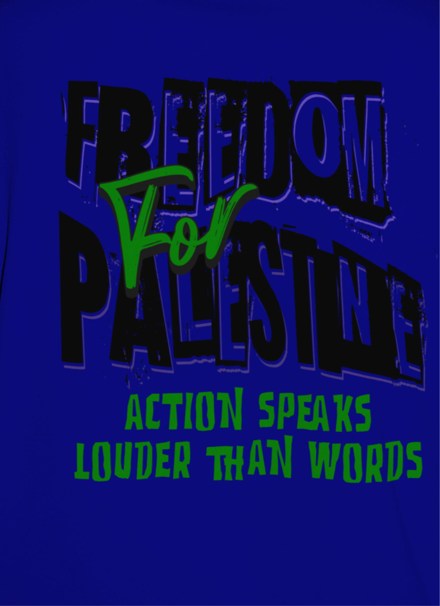 Freedom for Palestine tee in royal blue with black and green text