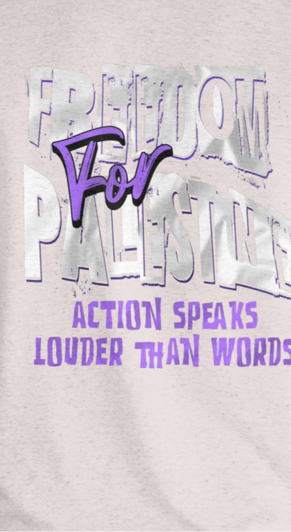 Freedom for Palestine tee in sport grey with white and purple text