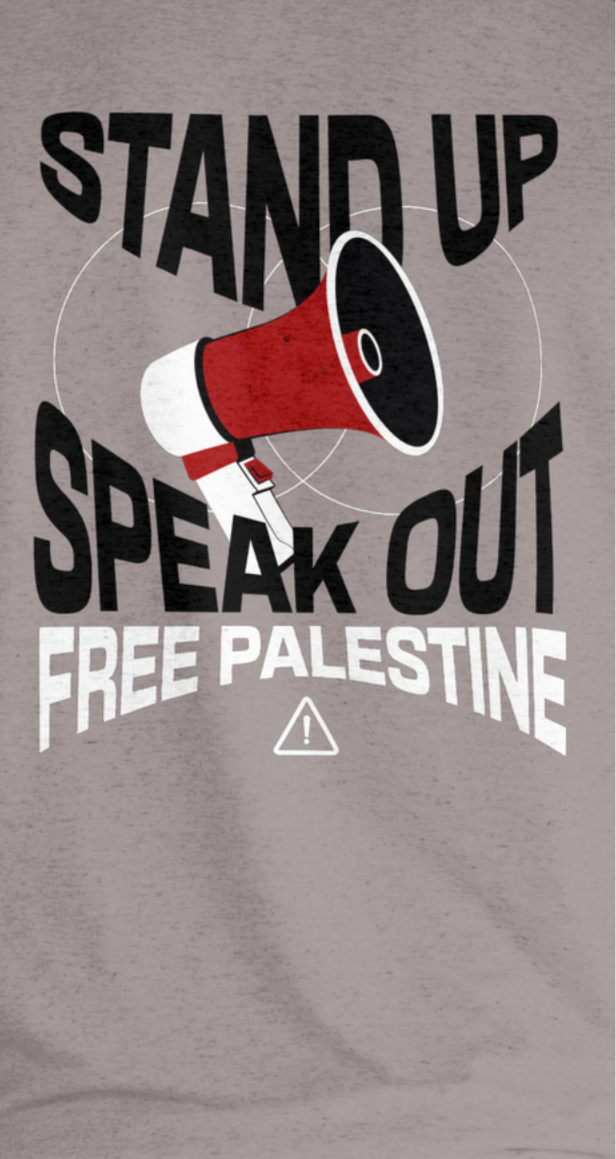 Free Palestine- speak out - statement tee in heather grey with black and white text