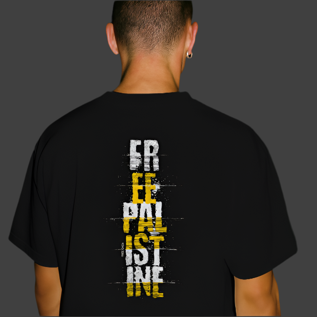 Free Palestine Vertical statement Tee in black, with white and yellow design