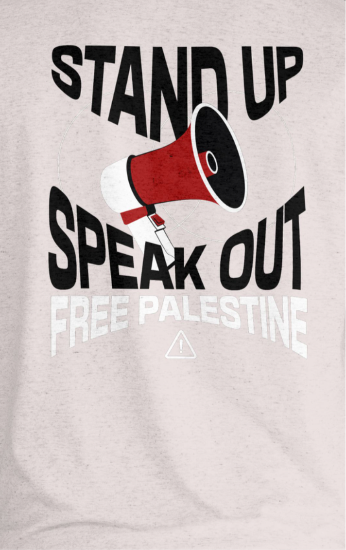 Free Palestine- speak out - statement tee in grey with black and white text