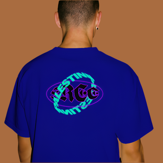 Free Palestine - Distorted Text Graphic Tee in royal blue (green + purple)