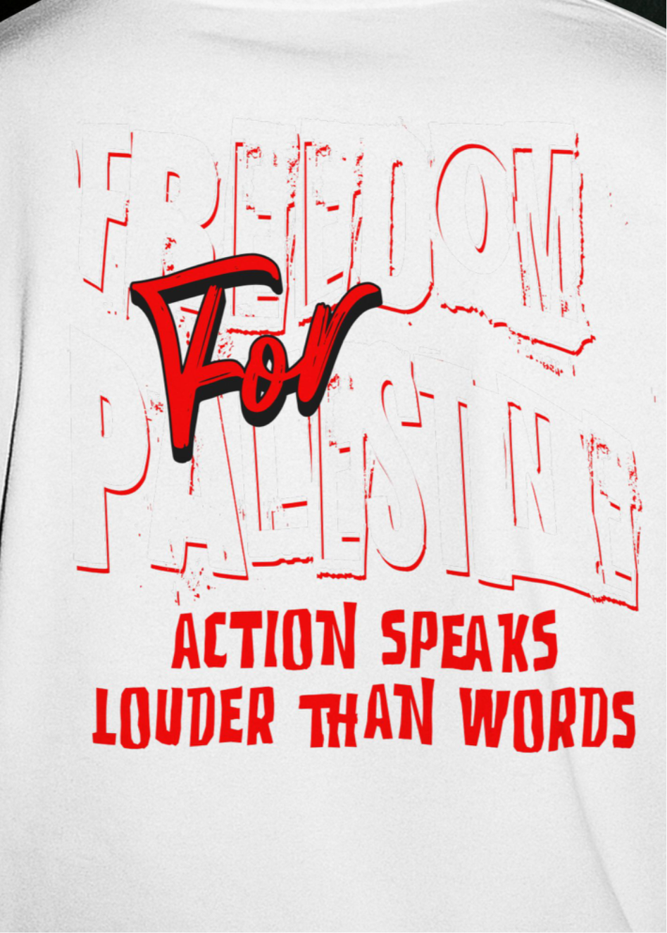 Freedom for Palestine tee in white with red and white text