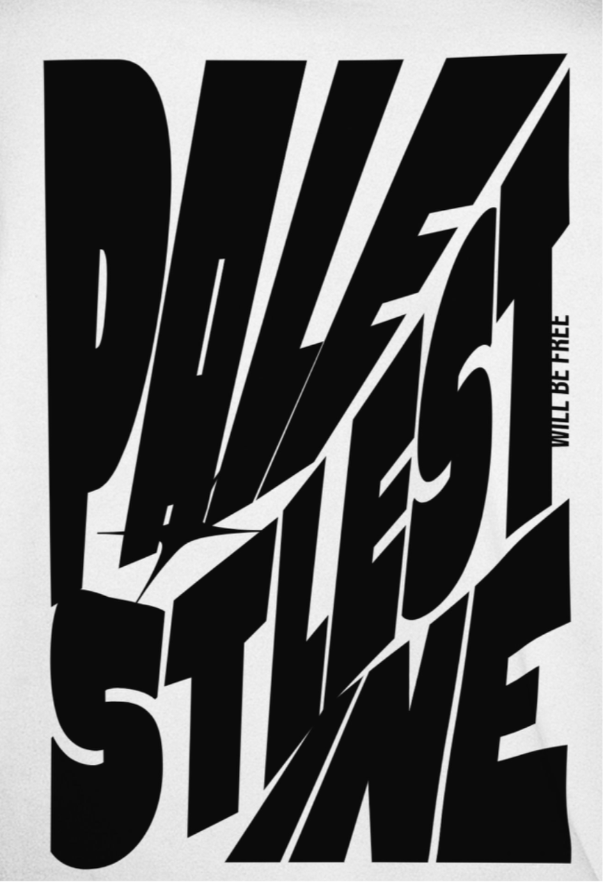 Palestine tee in white with black bold text