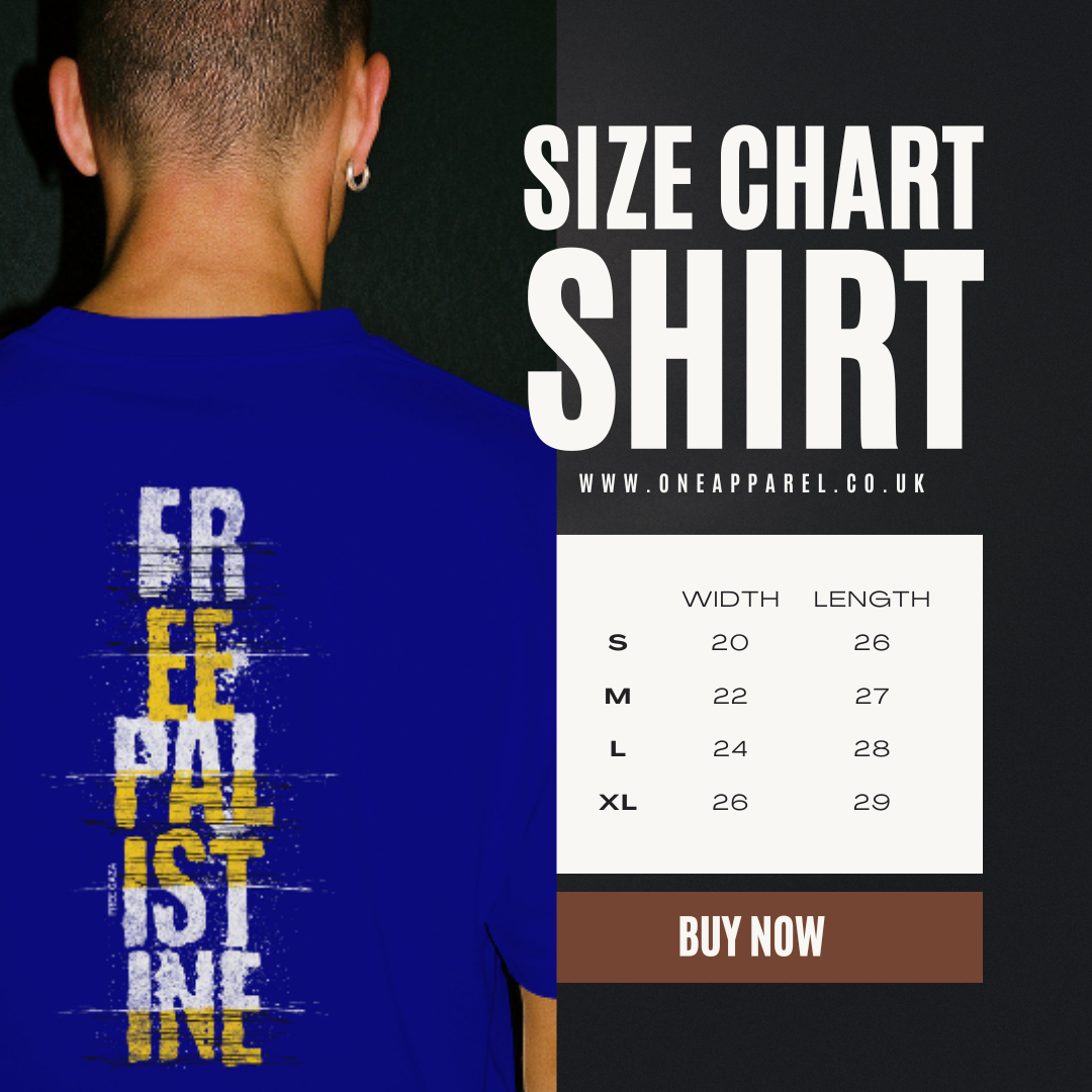 Free Palestine Vertical statement tee in royal blue, with white and yellow design
