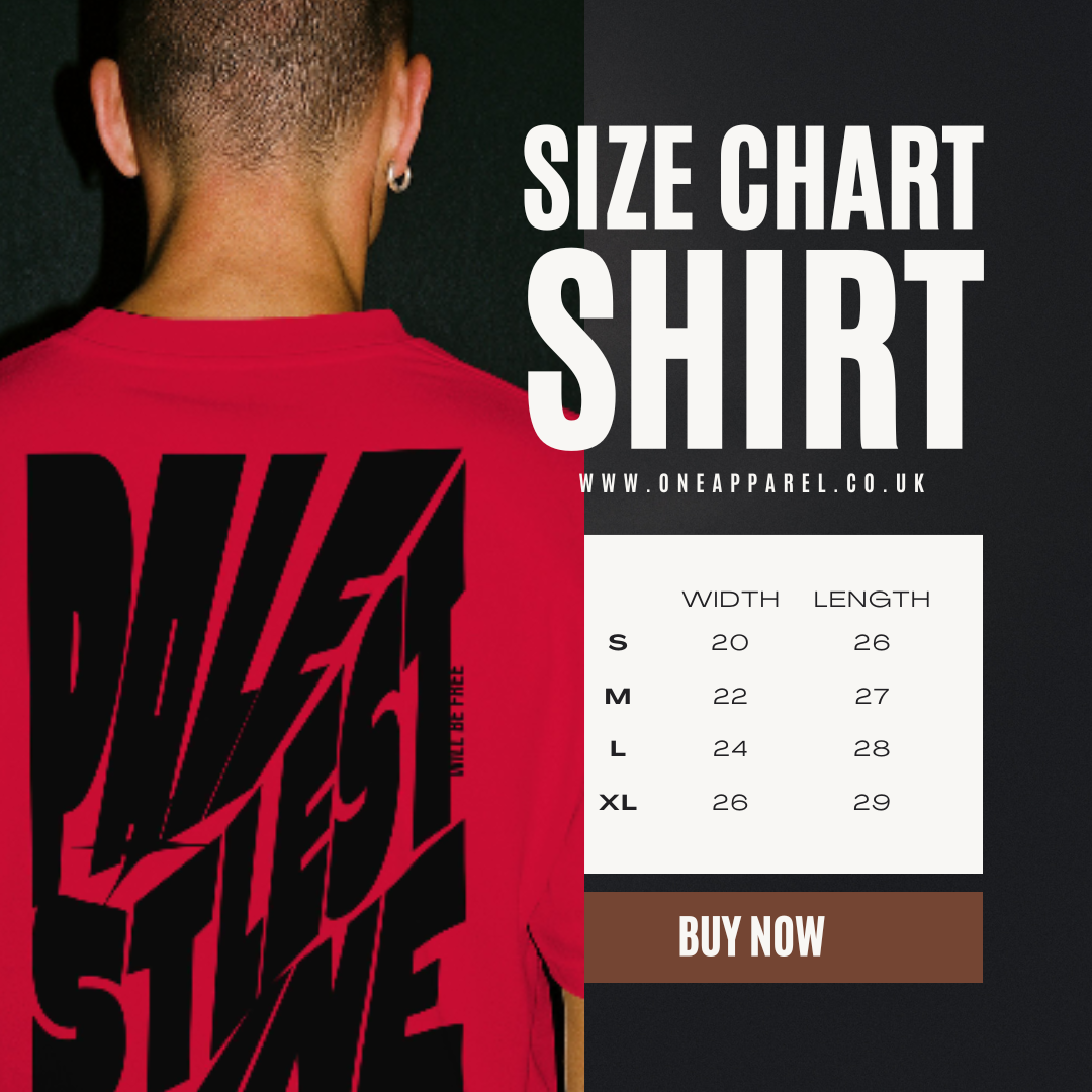 Palestine tee in red with black bold text