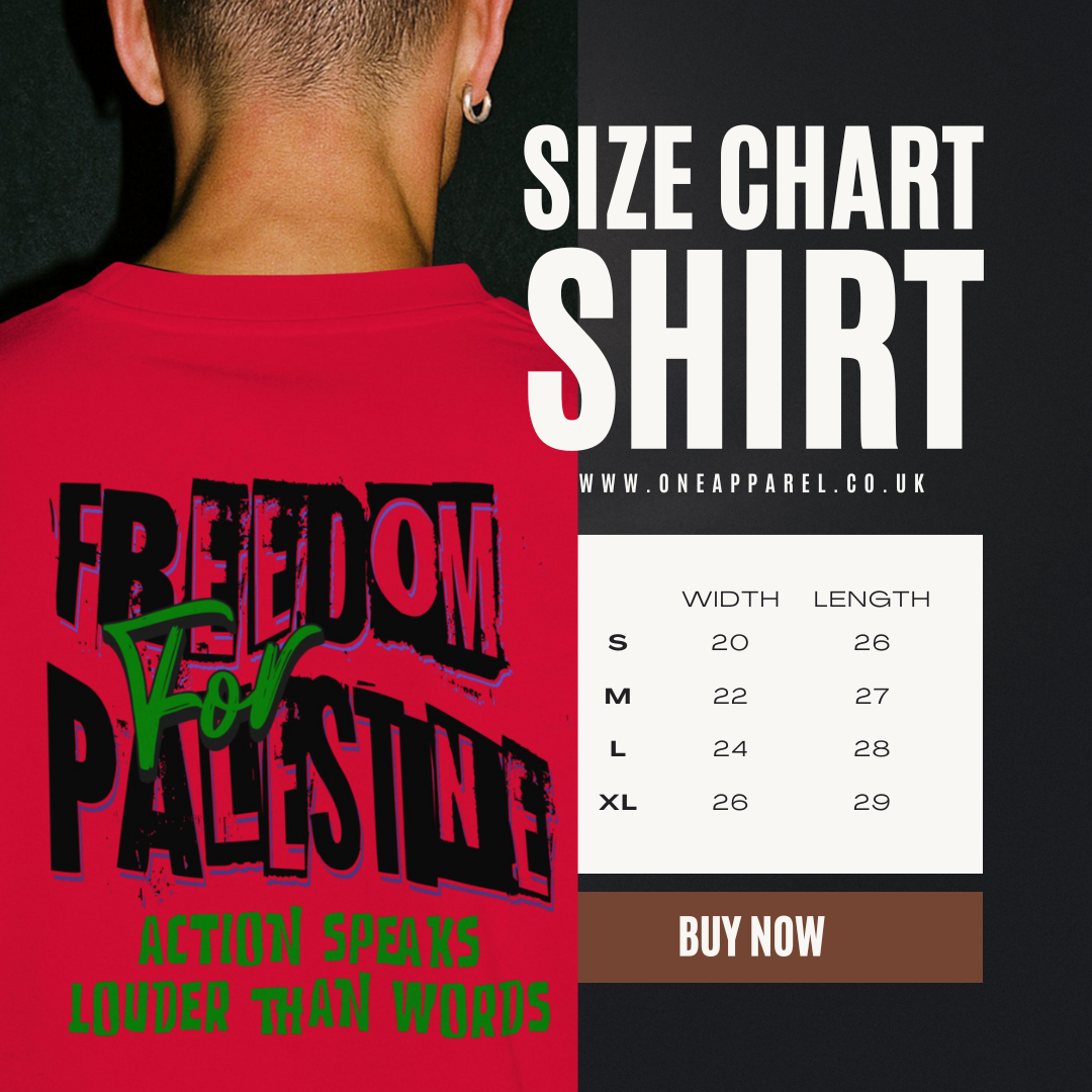 Freedom from Palestine tee in red with green and black text