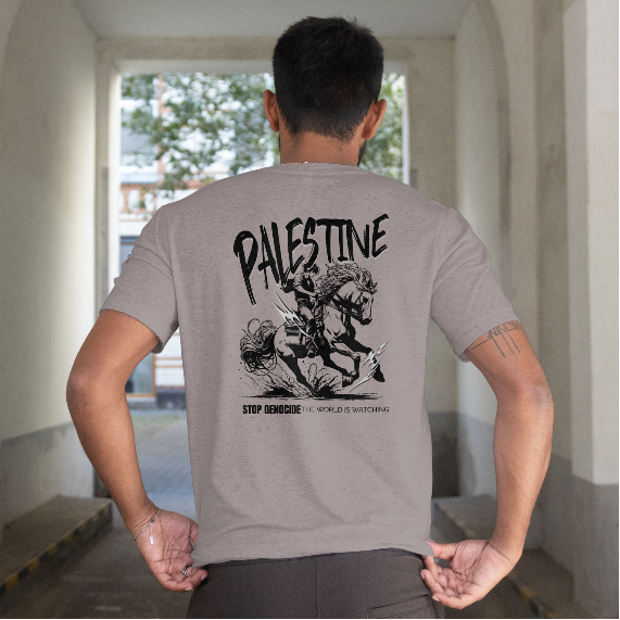 Free Palestine tee in Heather grey with black horse design