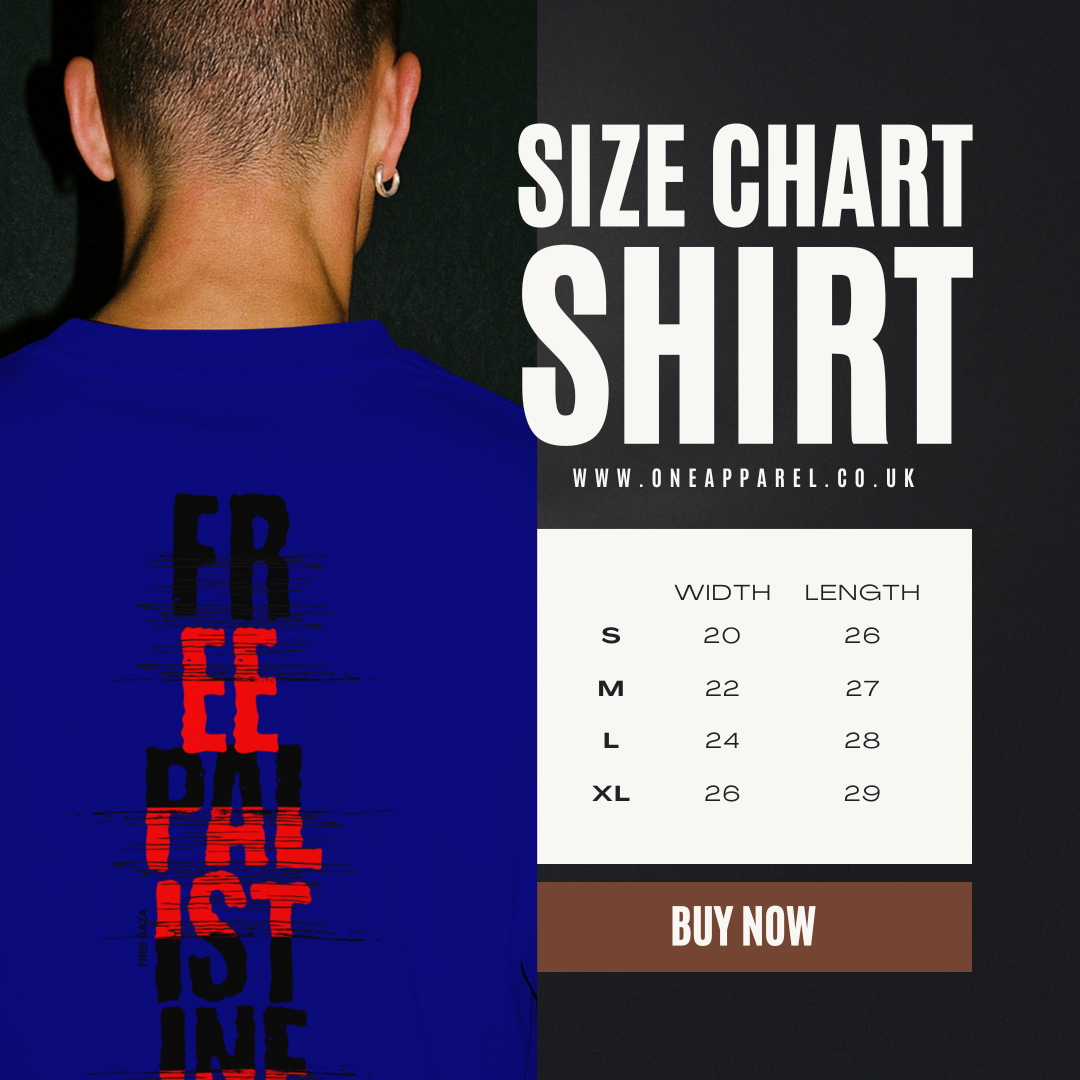 Free Palestine- vertical statement tee in royal blue, with black and red design