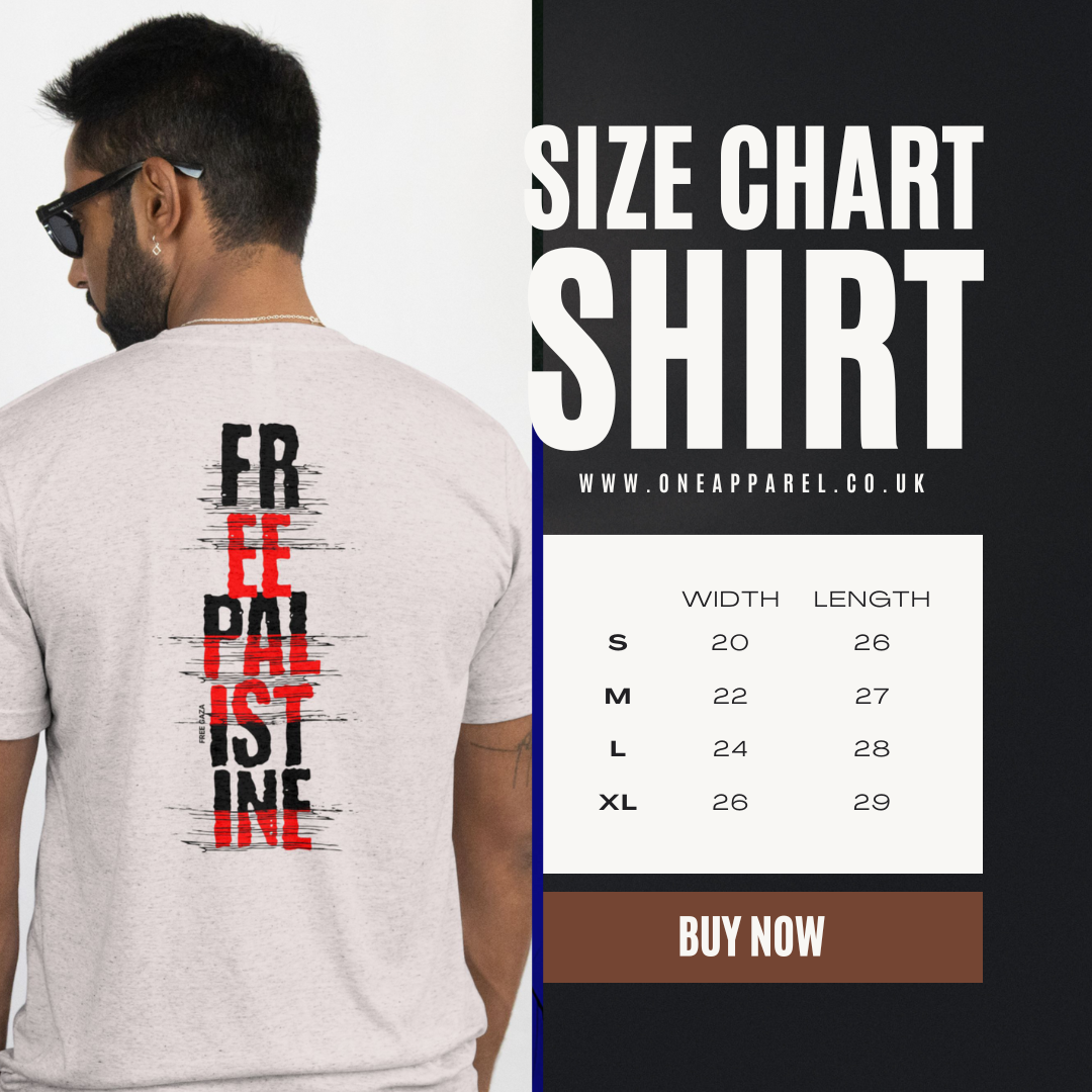 Free Palestine- vertical statement tee in grey, with black and red design