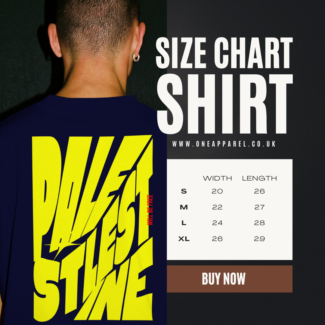 Palestine tee in navy with yellow bold text