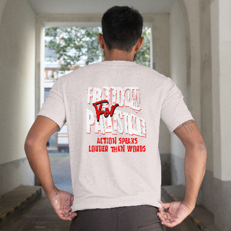 Freedom for Palestine tee in sport grey with red and white text