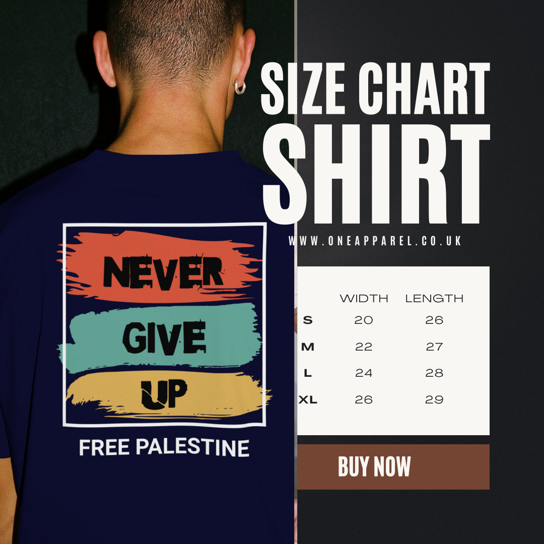 Free Palestine- Never give up tee in navy with white border