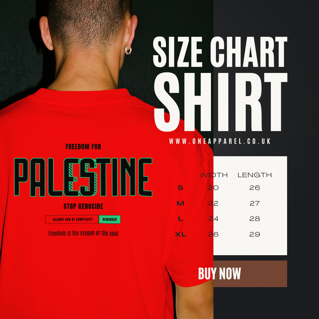 Freedom for Palestine graphic T-shirt in red with black and green text