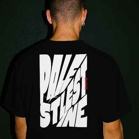 Palestine tee in black with white bold text