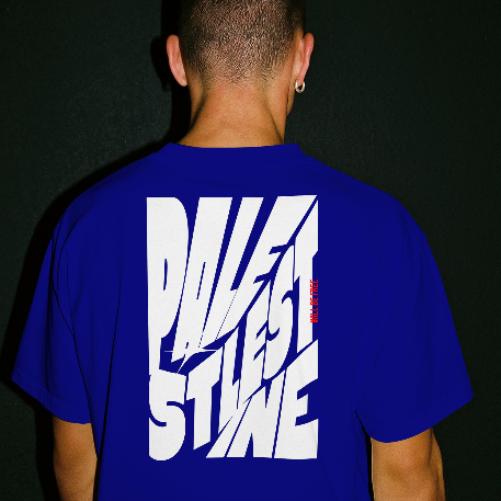 Palestine tee in royal blue with white bold text