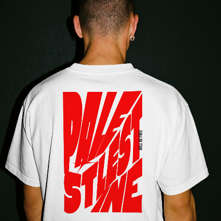 Palestine tee in white with red bold text