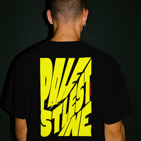 Palestine tee in black with yellow bold text