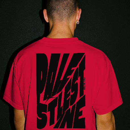 Palestine tee in red with black bold text
