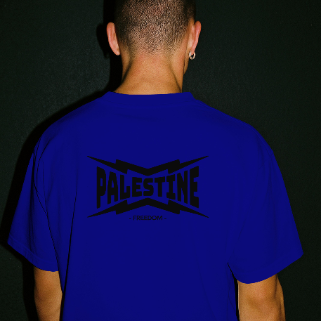 Palestine- power statement tee in royal blue with black text